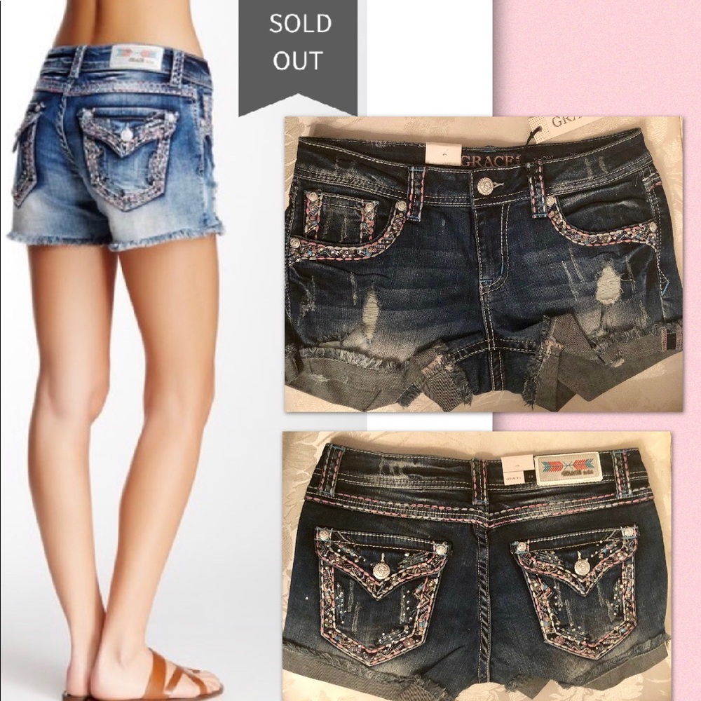 DENIM EMBROIDERED EMBELLISHED SHORTS - Picture 6 of 8